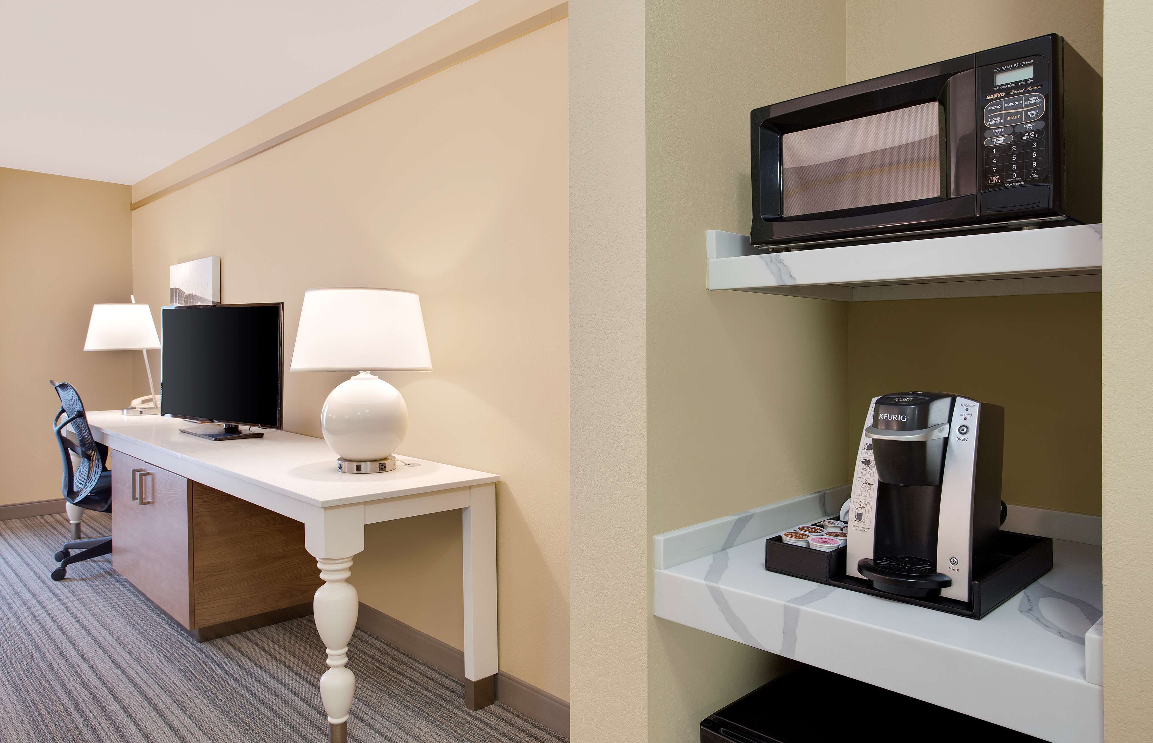 premium bedding, desk, laptop workspace, blackout curtains