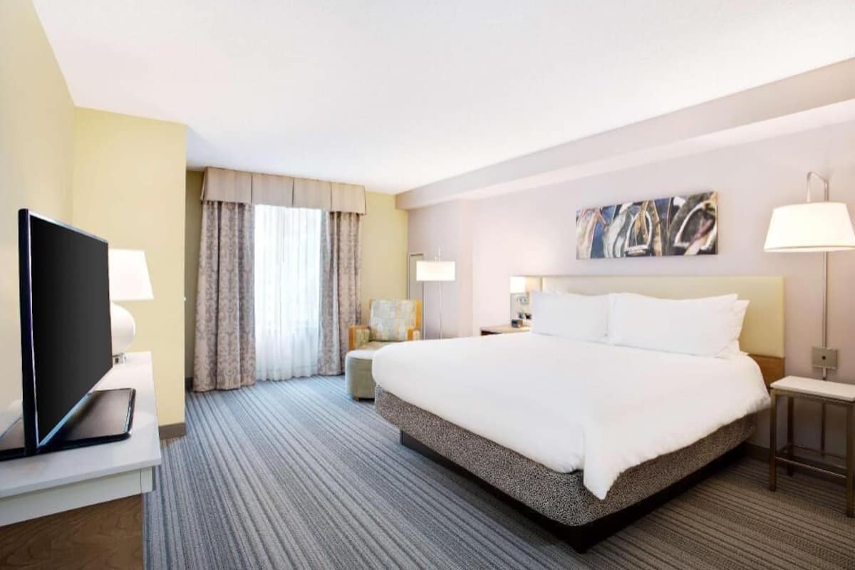 Habitación de hotel con una cama grande, televisión, escritorio y lámpara.