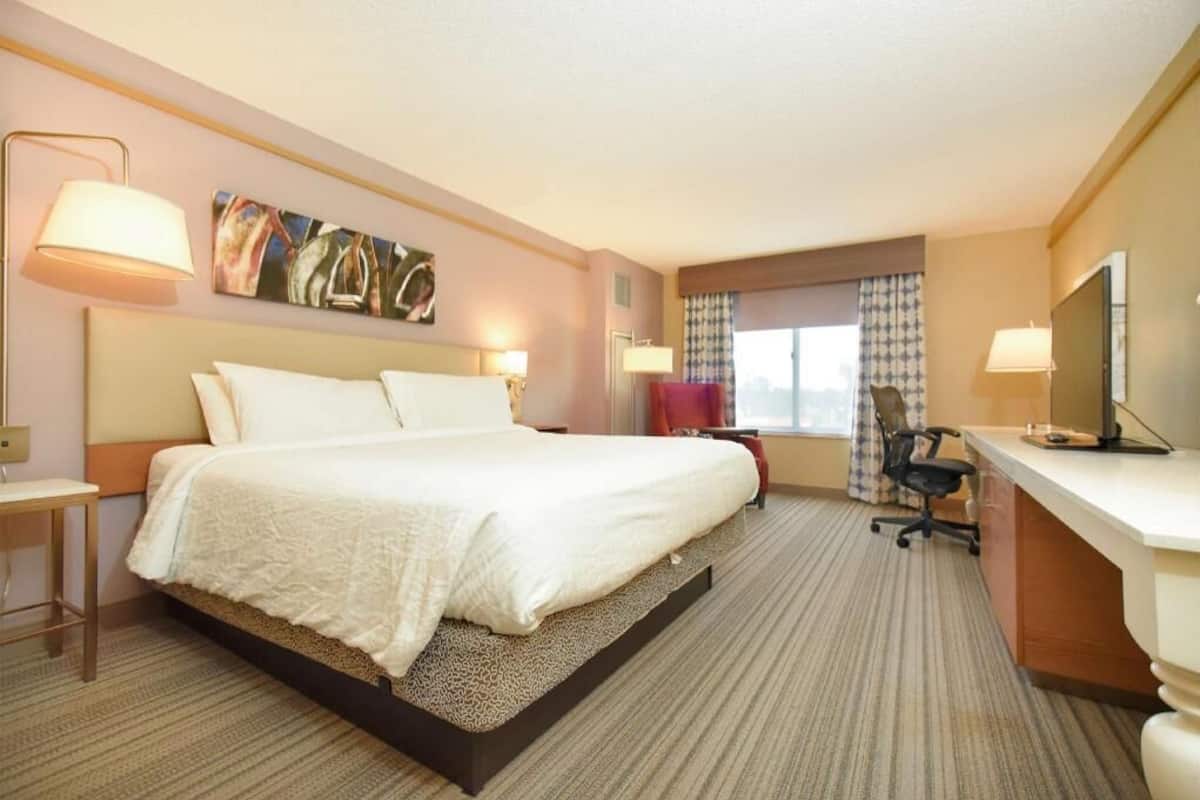 Habitación de hotel con cama, escritorio, silla, lámpara, obra de arte y ventana con cortinas.