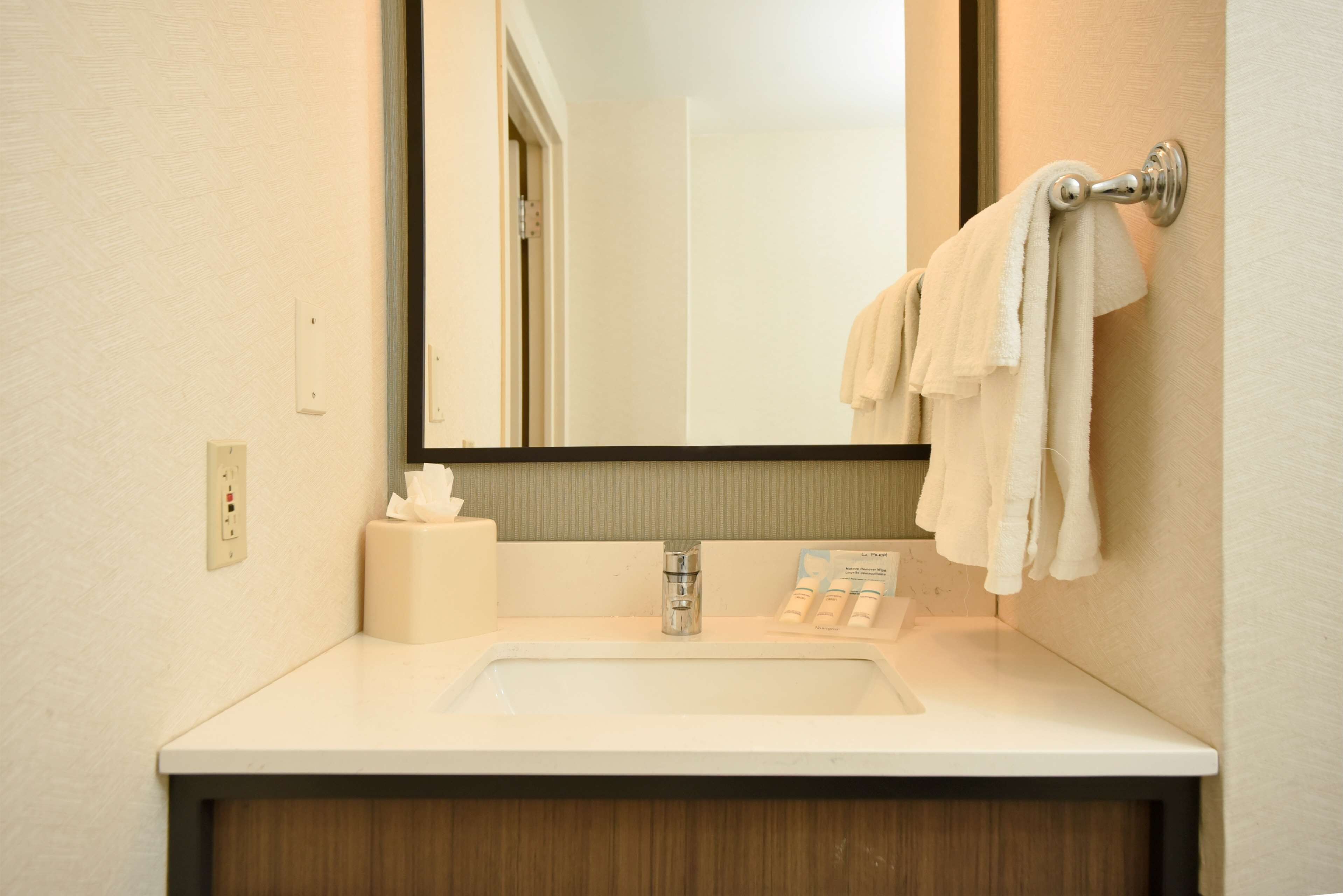 combined shower/bathtub, free toiletries, hair dryer, towels