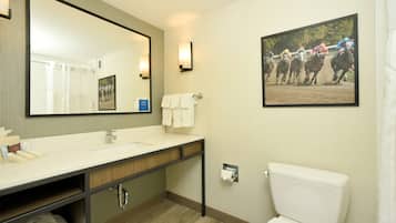 A bathroom with a large mirror, a sink, a toilet, and a framed picture of horses.