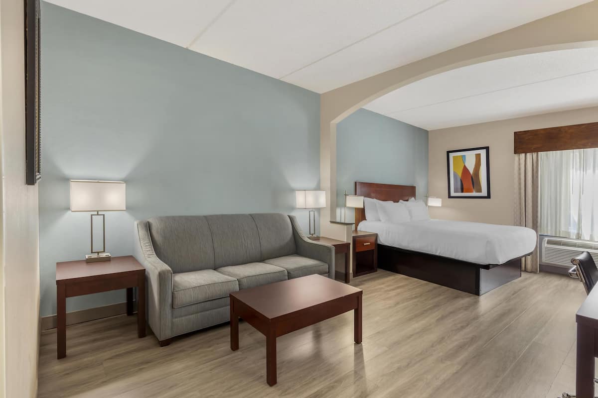 Une chambre d’hôtel comprenant un lit, un canapé, une table basse et deux tables de chevet avec des lampes.