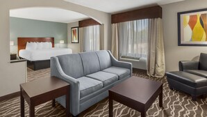 Una habitación de hotel con una cama, un sofá gris, un sillón oscuro, una mesa de centro de madera y una alfombra estampada.