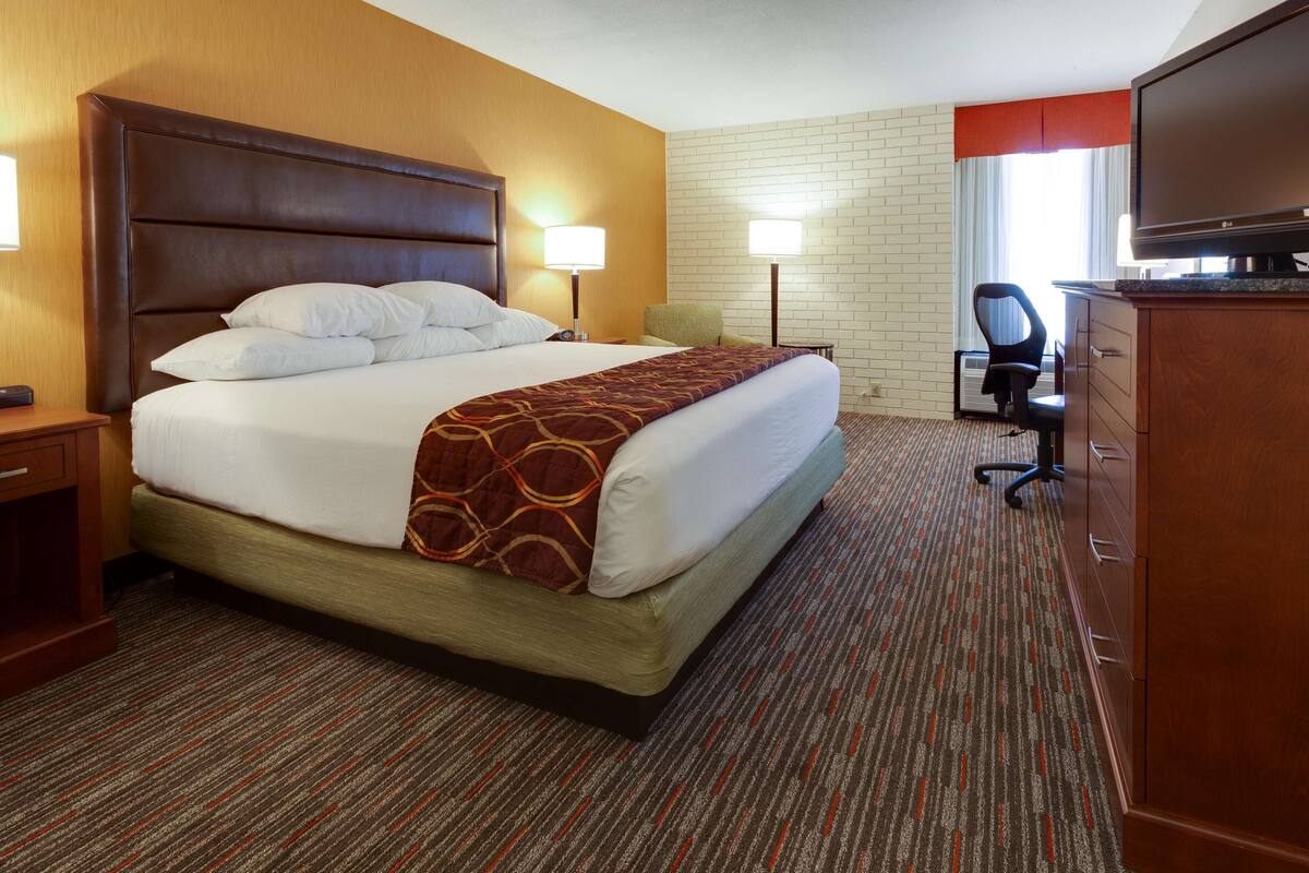 A hotel room with a large bed, a desk, a chair, a television, and a carpeted floor.