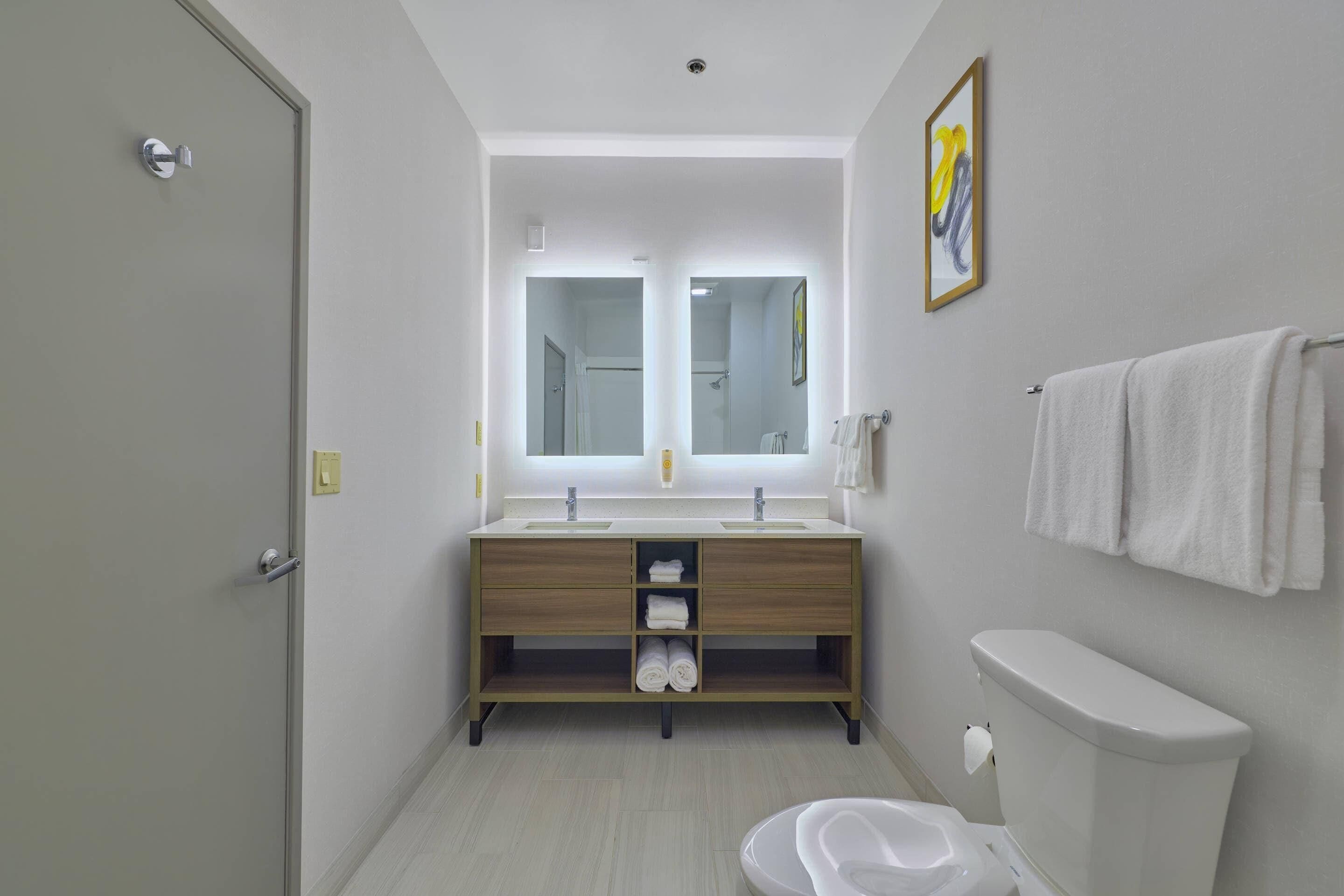 A modern bathroom with a double sink vanity, a toilet, and a shower.