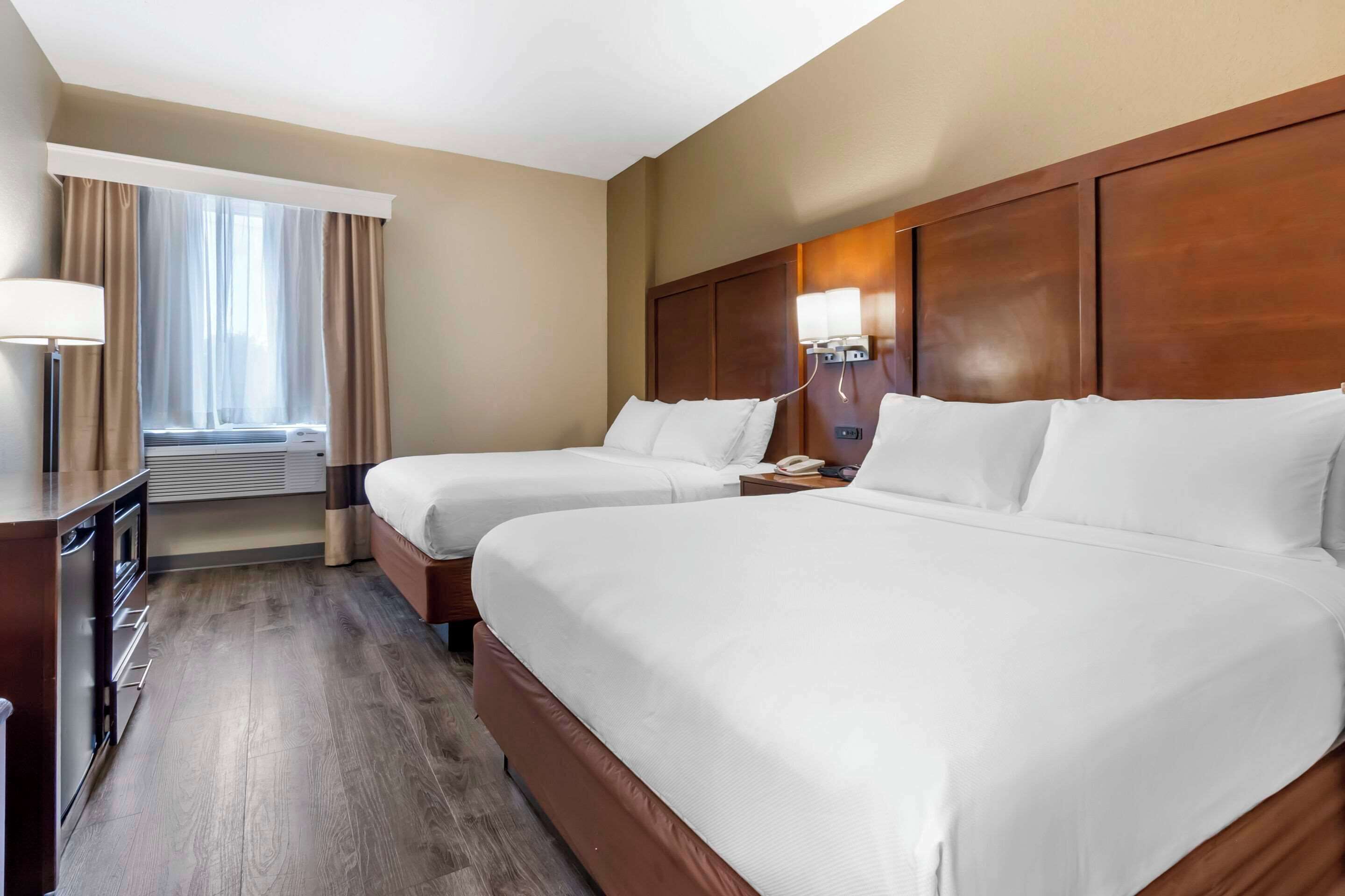 desk, laptop workspace, blackout curtains, iron/ironing board