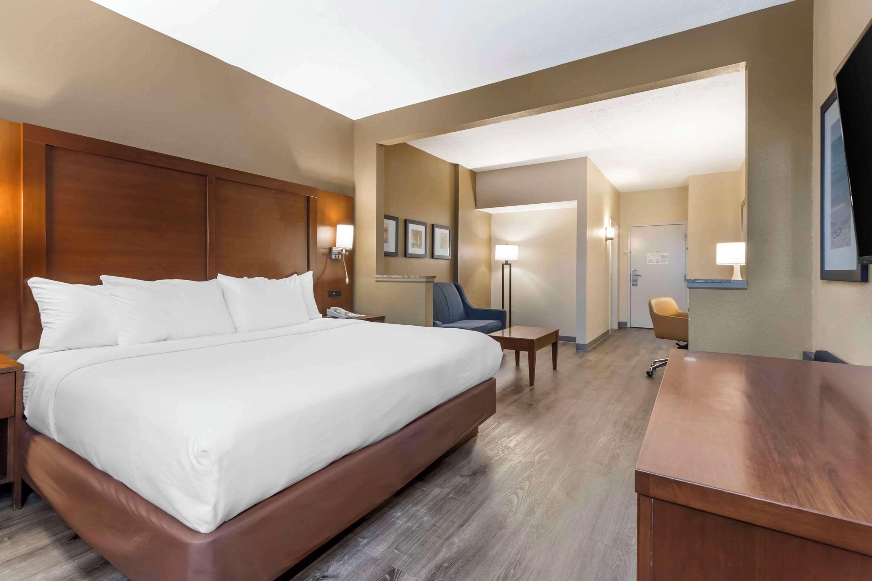 1 king bed, suite with sofabed, nonsmoking, accessible | desk, laptop workspace, blackout curtains, iron/ironing board