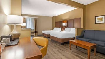 Suite, 2 Queen Beds, Non Smoking | Desk, laptop workspace, blackout drapes, iron/ironing board