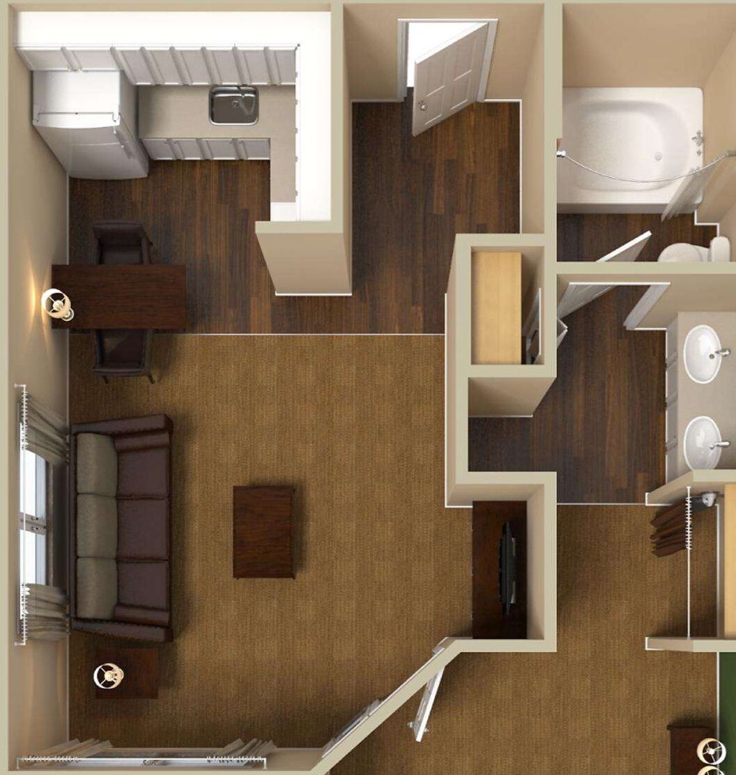 Un appartement de deux chambres comprenant un salon, une kitchenette, une salle de bain et un petit balcon.