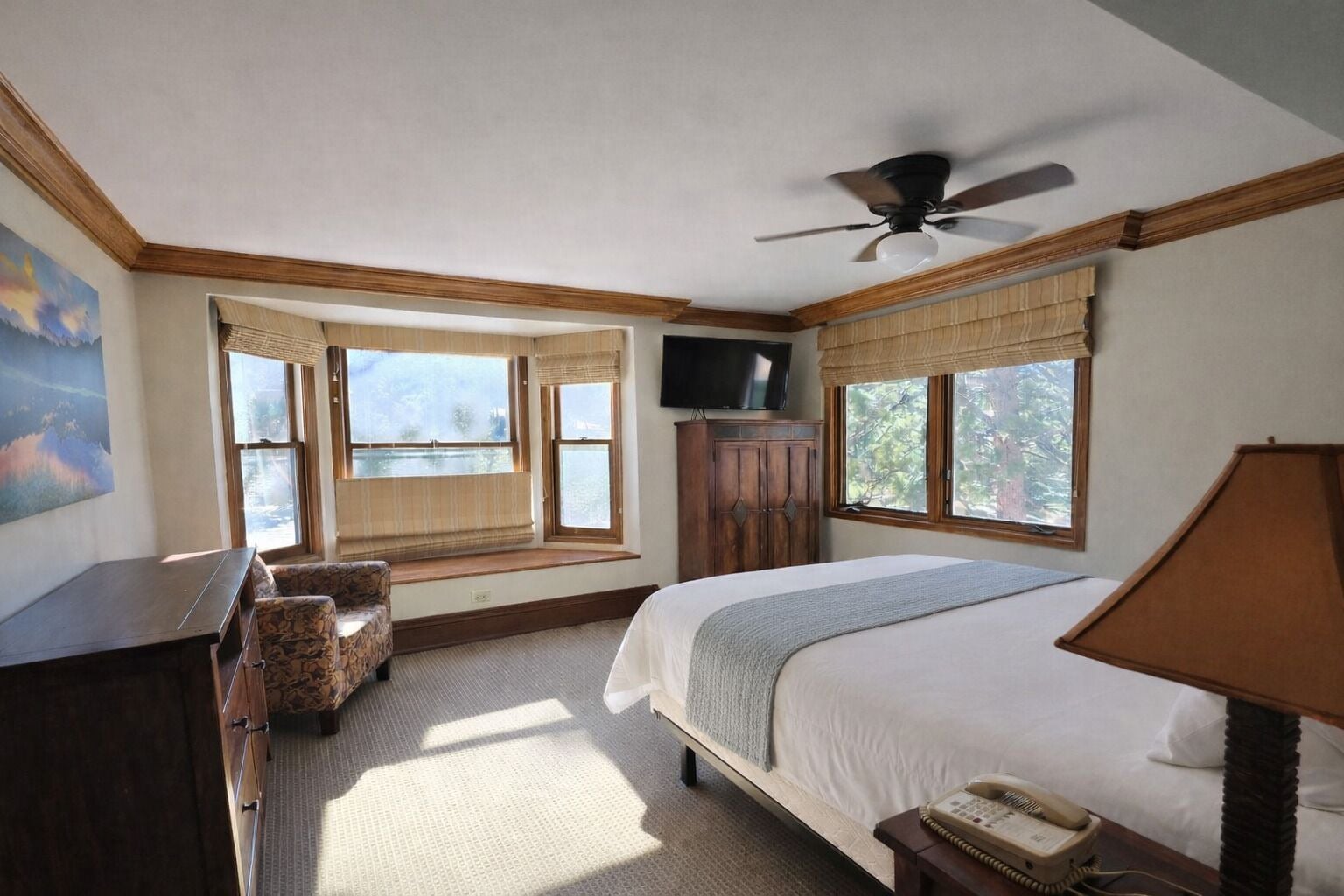 A hotel room with a bed, a desk, a chair, a TV, and a ceiling fan.