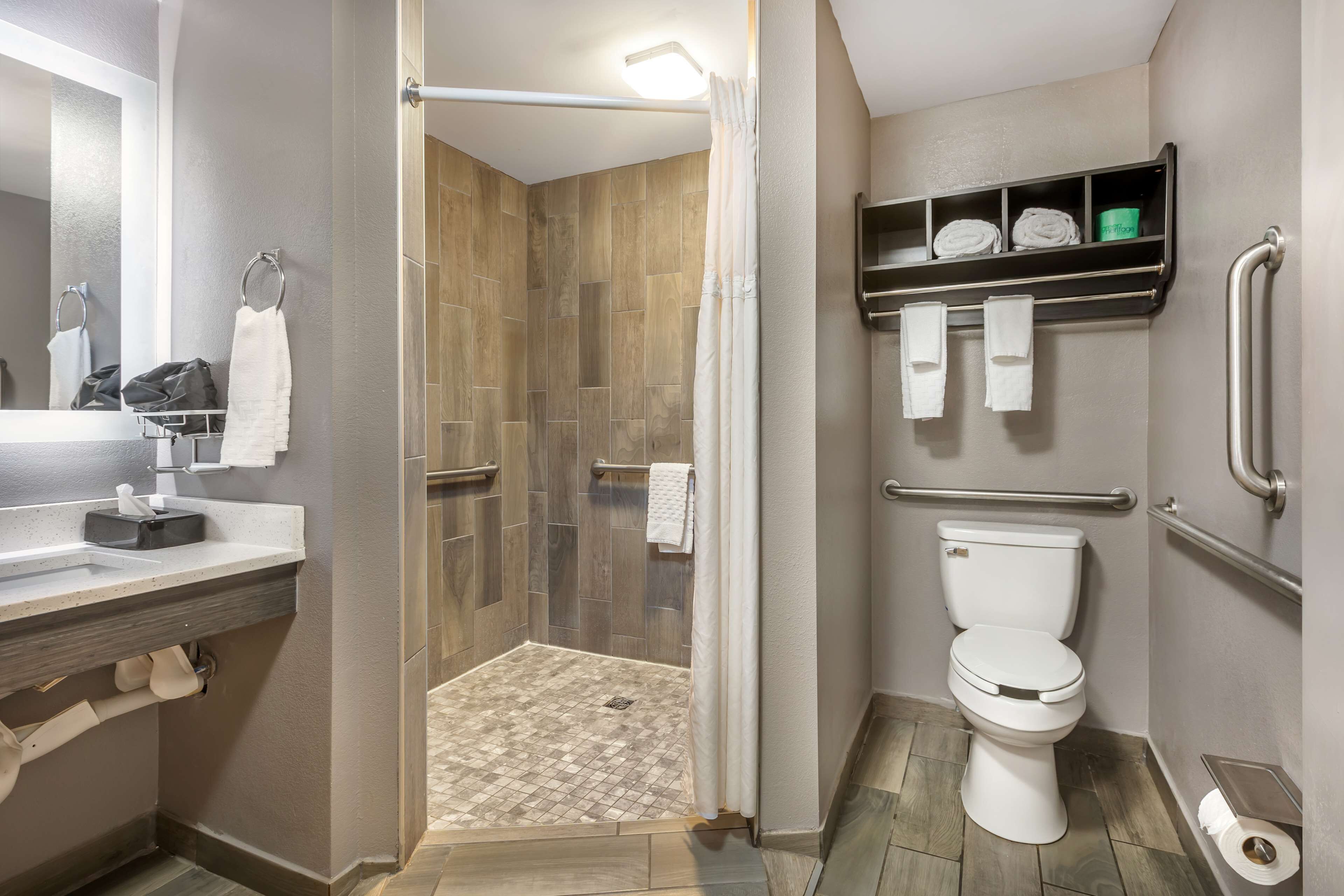 standard room, 1 king bed, accessible, non smoking | bathroom | free toiletries, hair dryer, towels