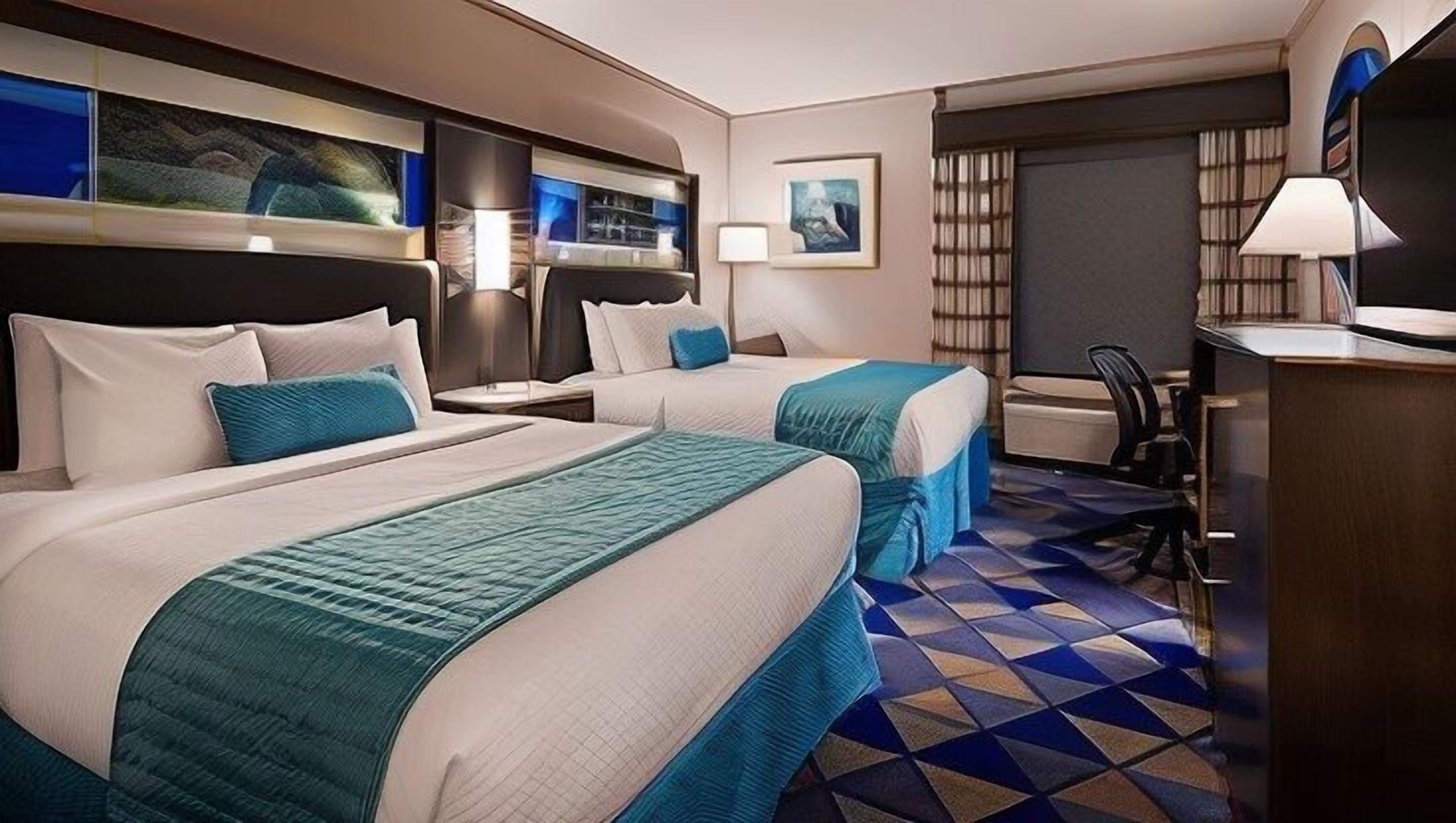 Desk, laptop workspace, blackout drapes, iron/ironing board