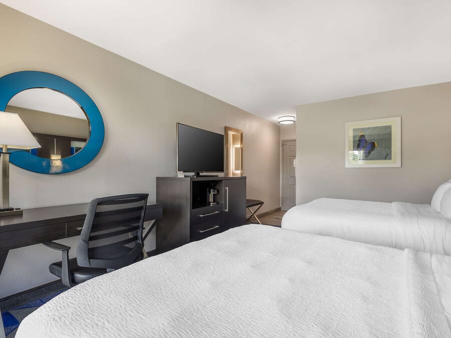 Habitación de hotel con dos camas, un escritorio con silla, un televisor, un espejo grande y un cuadro en la pared.