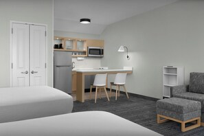 Desk, laptop workspace, blackout drapes, iron/ironing board