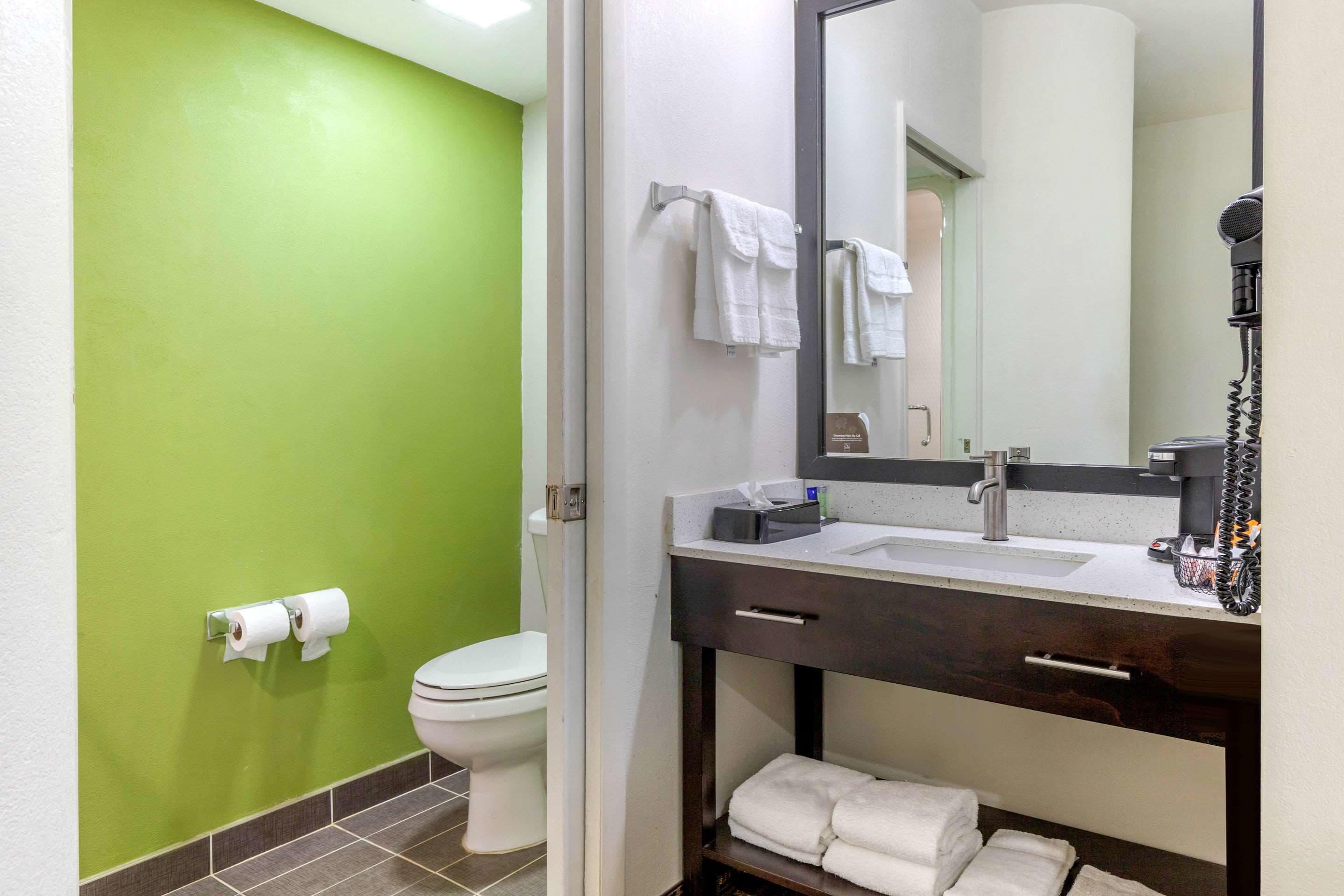 A bathroom with a green wall, white toilet, and a sink with a mirror above it.