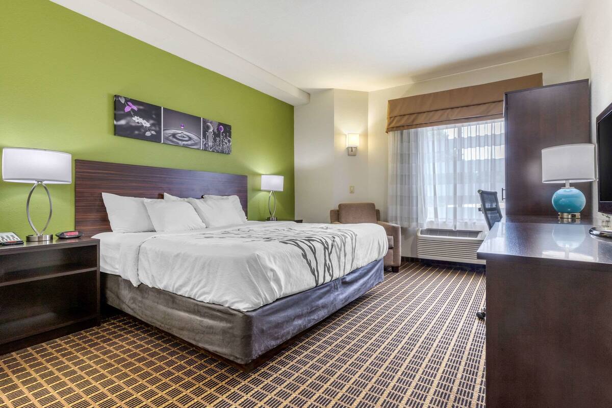A hotel room with a large bed, a desk, a chair, and a TV.