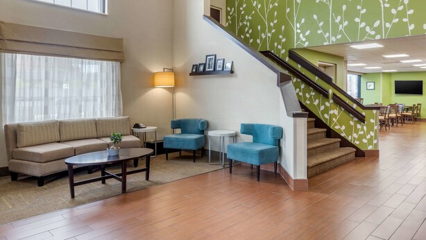 A spacious lobby with a sofa, chairs, a coffee table, and a staircase with a green leaf-patterned wall. - Sleep Inn Orangeburg (Orangeburg)