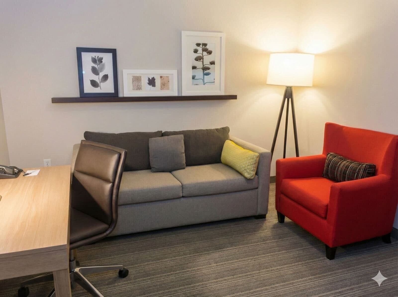 A room with a grey sofa, a red armchair, a desk with a phone, and a floor lamp.