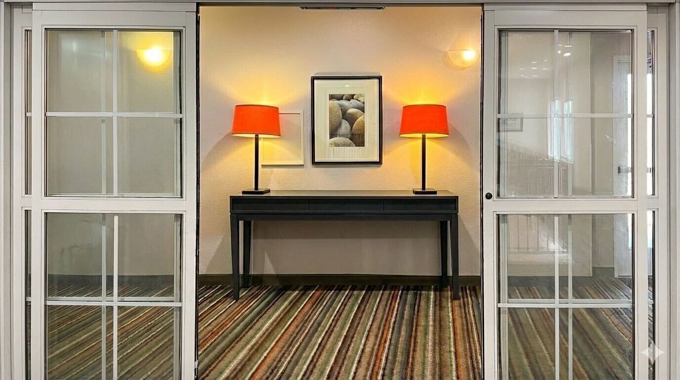 A hotel lobby with a striped carpet, a black console table, two lamps, and a framed picture on the wall.