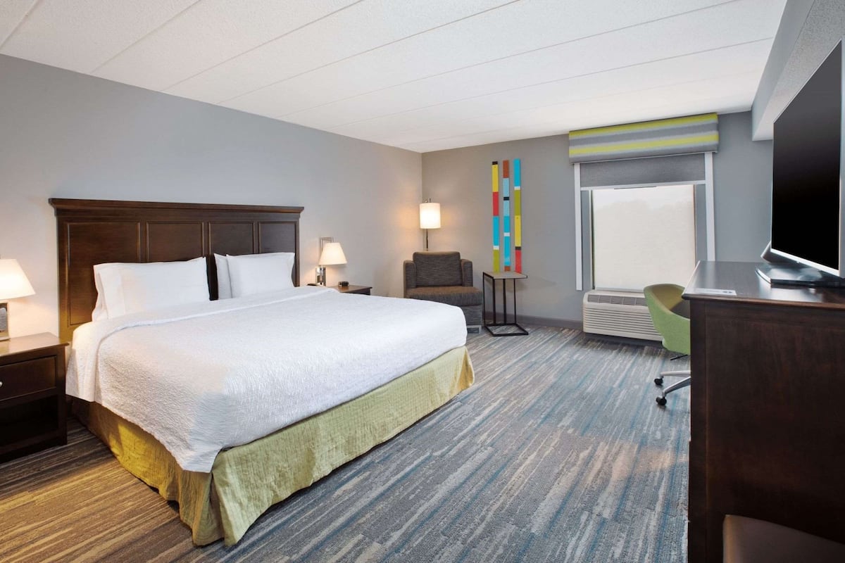 A hotel room with a large bed, a desk, a TV, a chair, and a window.