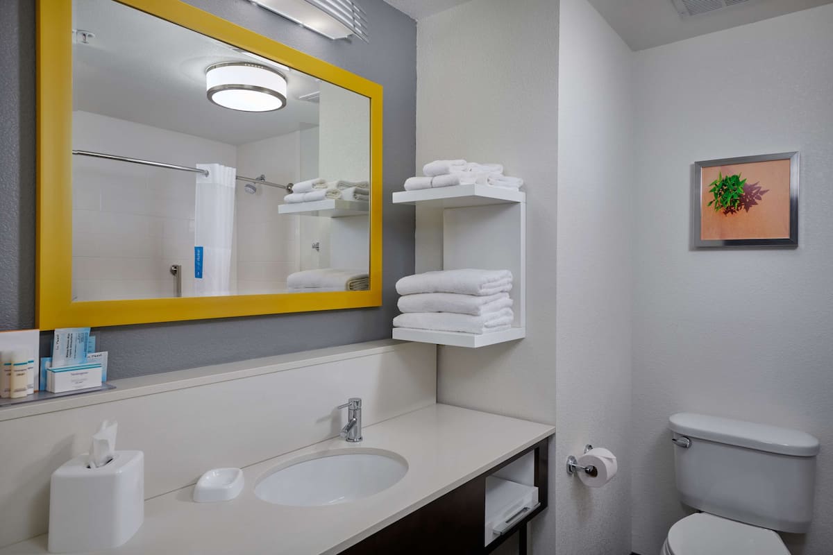 combined shower/bathtub, hydromassage showerhead, hair dryer, towels