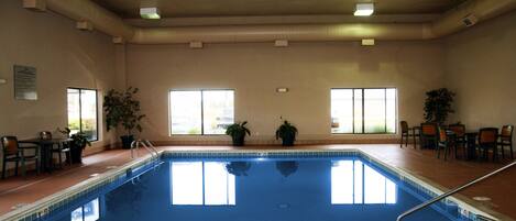 An indoor swimming pool with clear poolside chairs, potted plants, and large windows allowing natural light.
