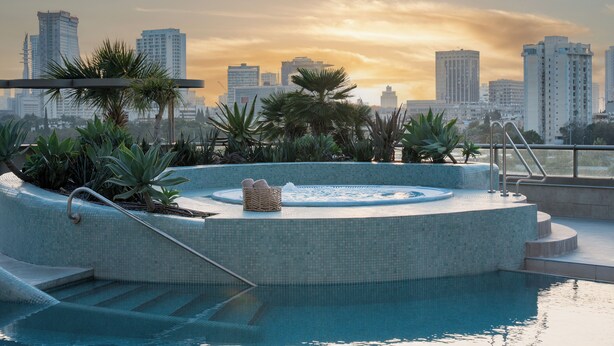 A rooftop pool with a hot tub, surrounded by palm trees and a city skyline in the background. - Leonardo Plaza City Tower (Ramat Gan)