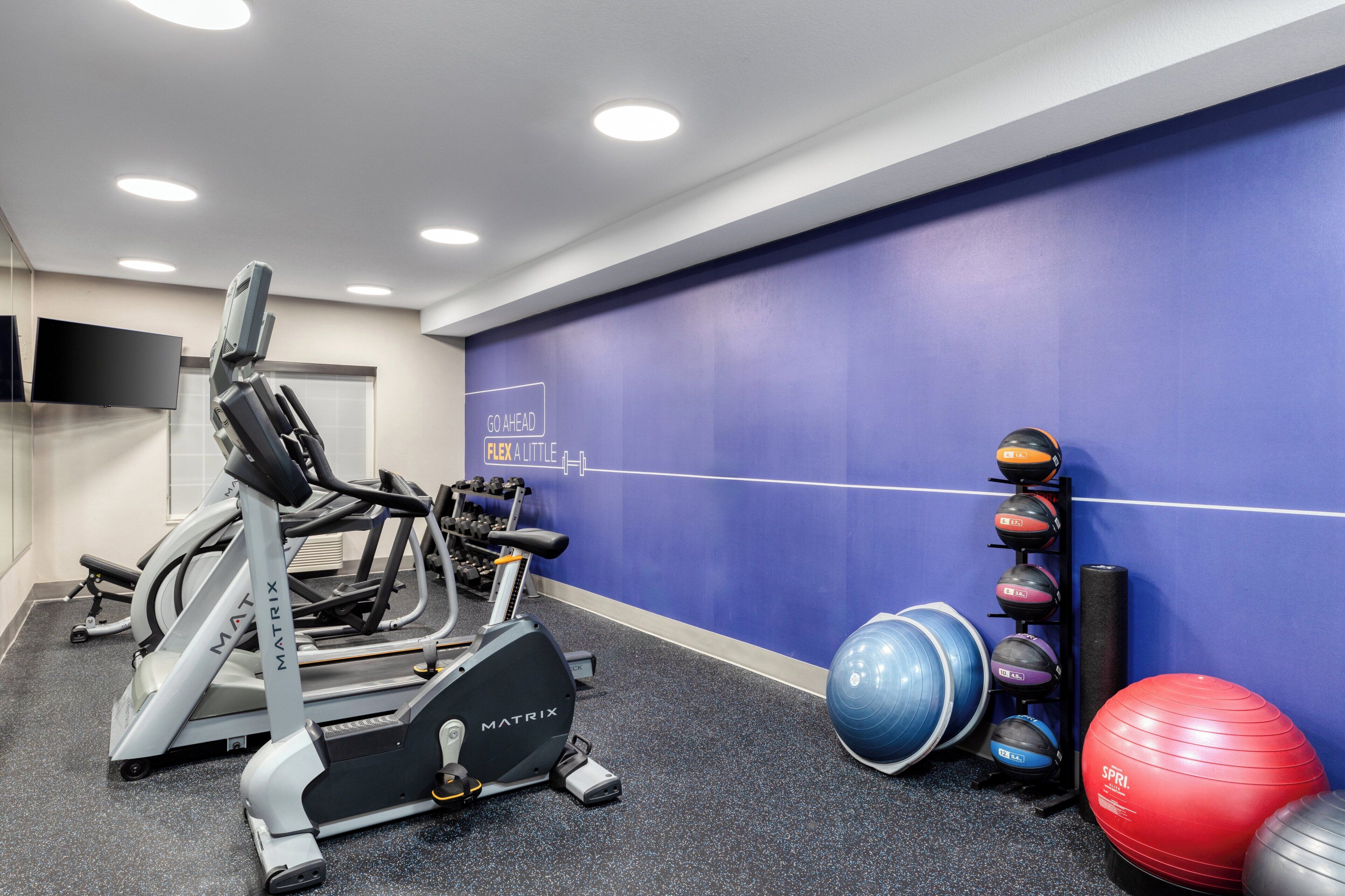 A gym with treadmills, a stationary bike, and various exercise balls.