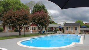 Piscina com espreguiçadeiras e guarda-sóis, cercada por árvores e edifícios.