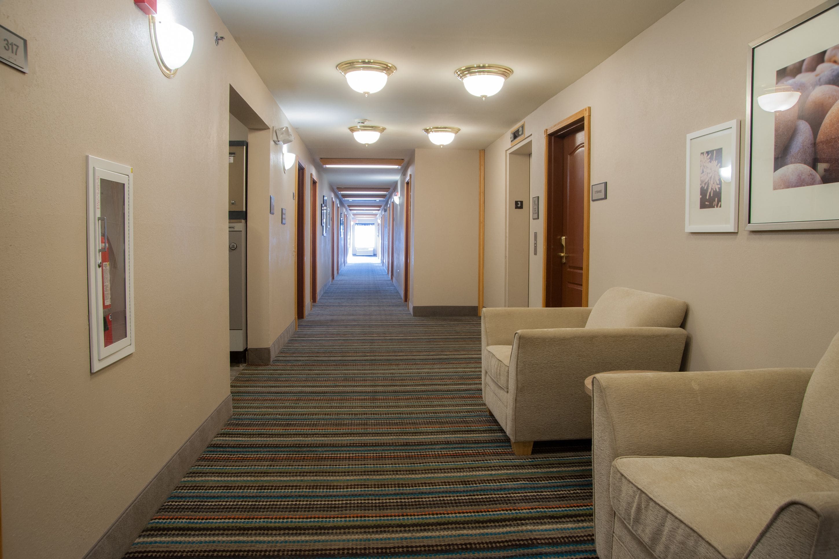 A hotel hallway with a carpeted floor, multiple doors, and framed pictures on the walls.