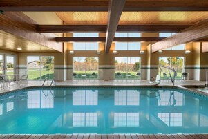 Una amplia piscina cubierta con agua cristalina azul, vigas de madera en el techo y múltiples ventanales con vistas de los alrededores.