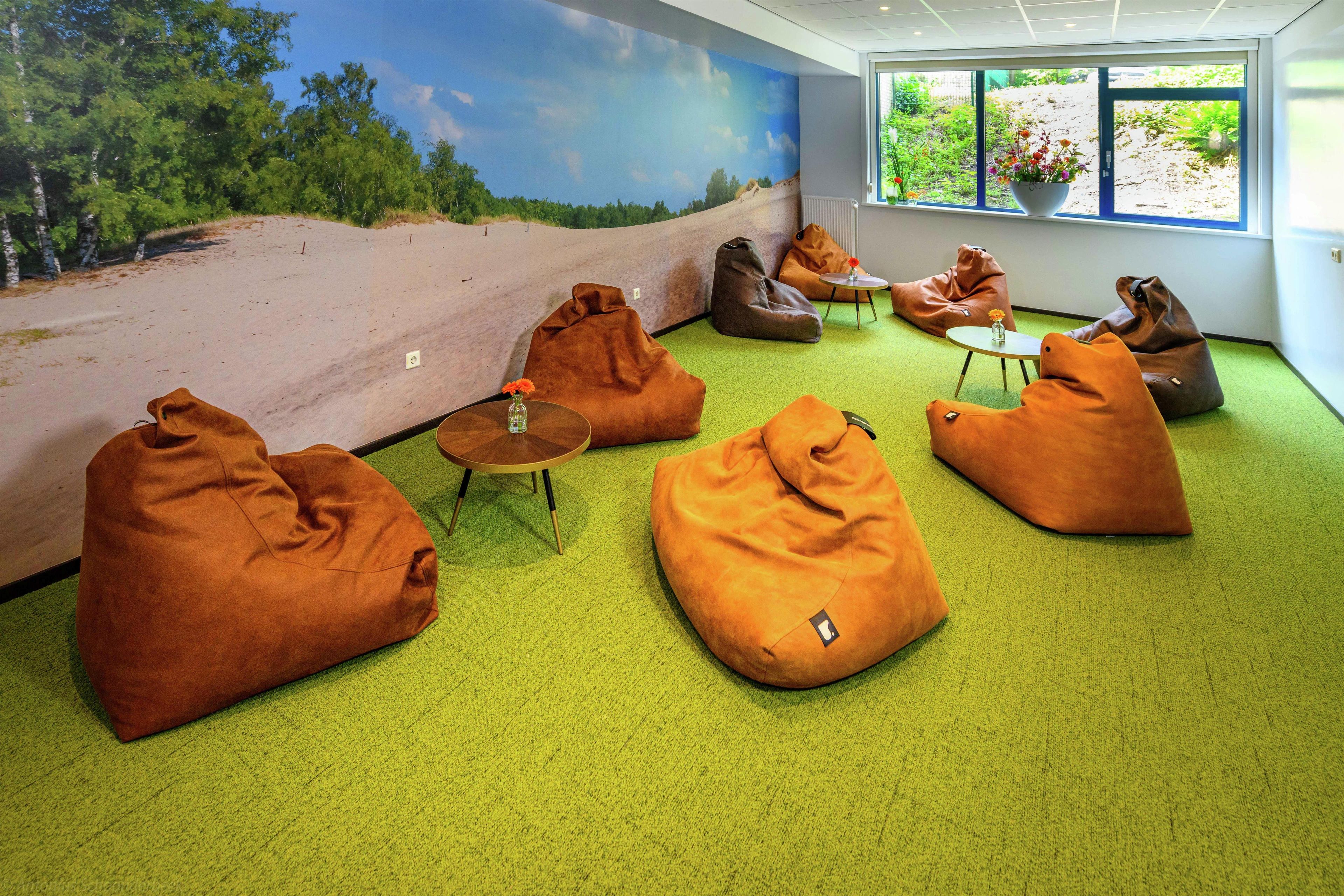 A room with green carpet, bean bags, a small table with a vase, and a mural of a landscape.