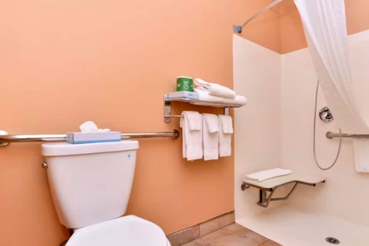 Een badkamer met toilet, douche met een handgreep, plank met handdoeken en een toiletpapierhouder.