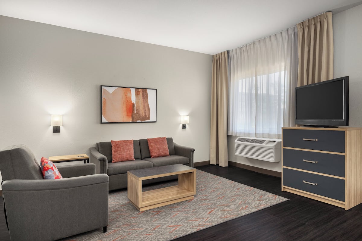 Een moderne hotelkamer met een grijze bank, een houten salontafel, een televisie op een kast en een groot raam met gordijnen.