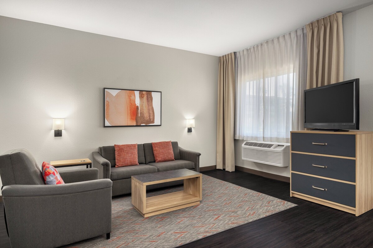 Una habitación de hotel moderna con un sofá gris, una mesa de centro de madera, un televisor sobre un mueble bajo y un ventanal con cortinas.