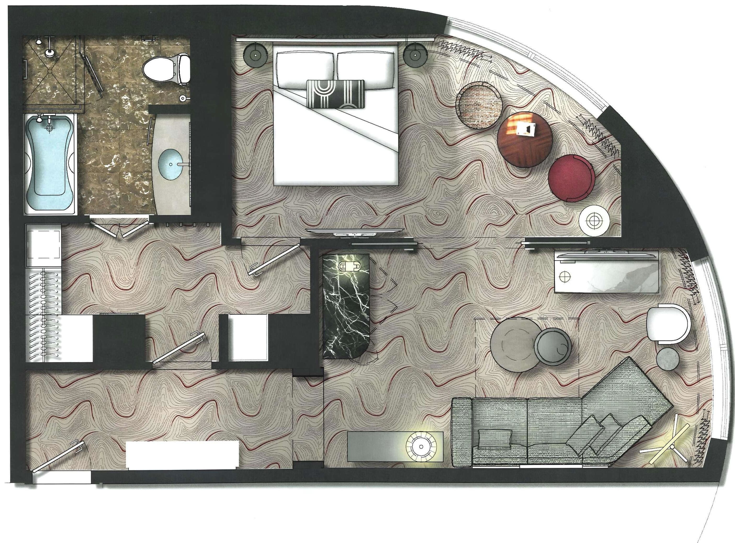 A floor plan of a hotel room with a bathroom, a small seating area, and a bed.