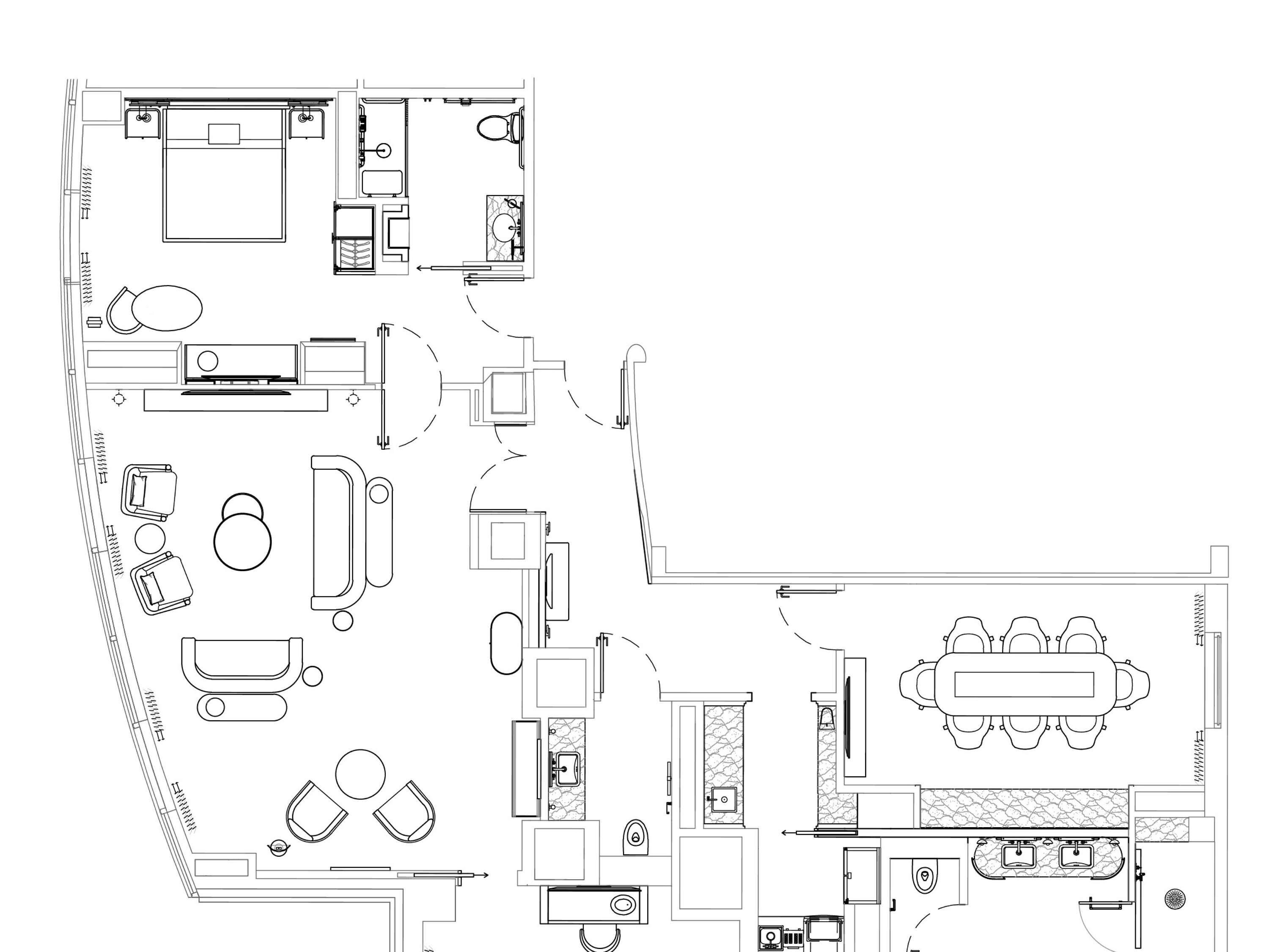A floor plan of a hotel with a dining area, kitchen, and multiple bedrooms.