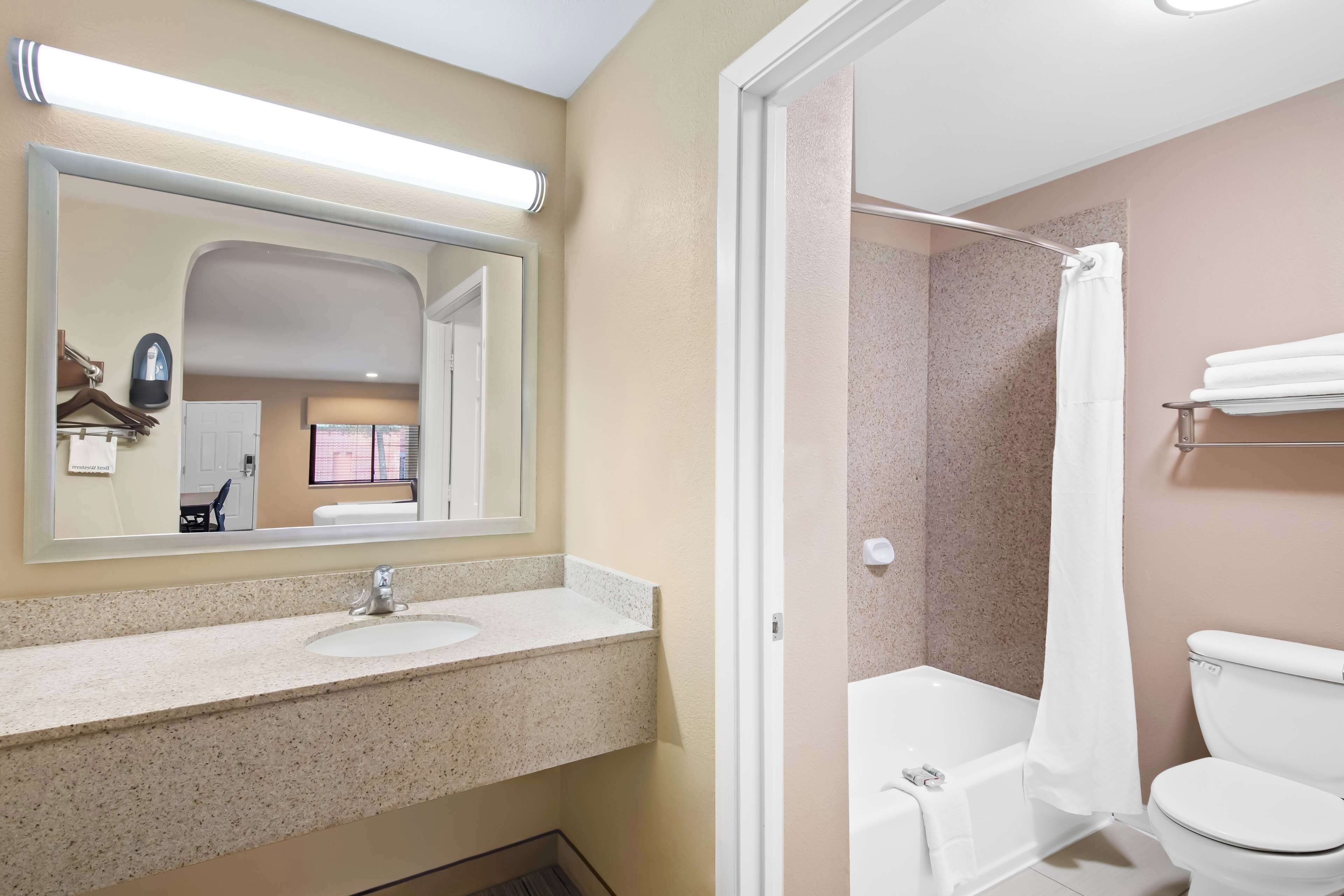 A bathroom with a sink, mirror, toilet, and shower area.