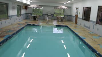 Indoor pool, a heated pool, pool loungers