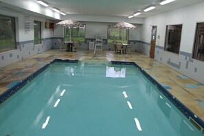 Indoor pool, a heated pool, open 7:00 AM to 10:00 PM, pool loungers