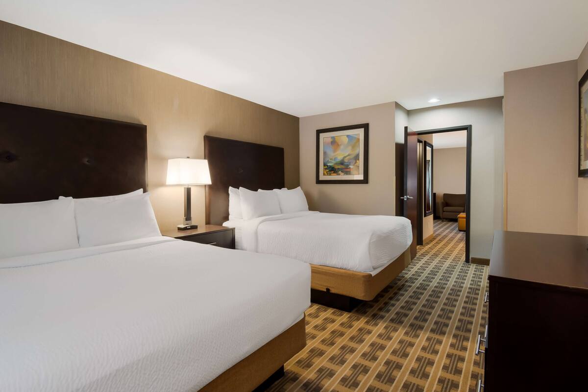 A hotel room with two beds, a nightstand with a lamp, a painting on the wall, and a patterned carpet.