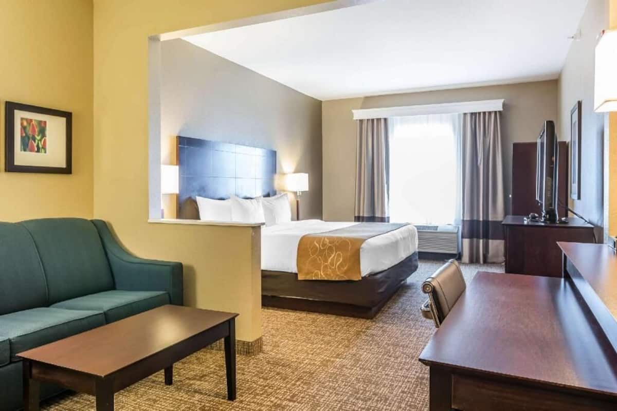 A hotel room with a bed, a sofa, a desk, a television, and a window with curtains.