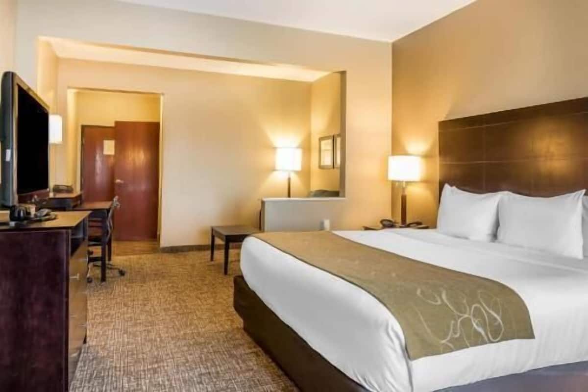 A hotel room with a bed, bedside lamps, a desk with a chair, and a television.