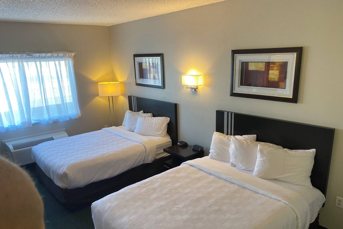 A hotel room with two beds, a window with sheer curtains, a standing lamp, and framed pictures on the wall.