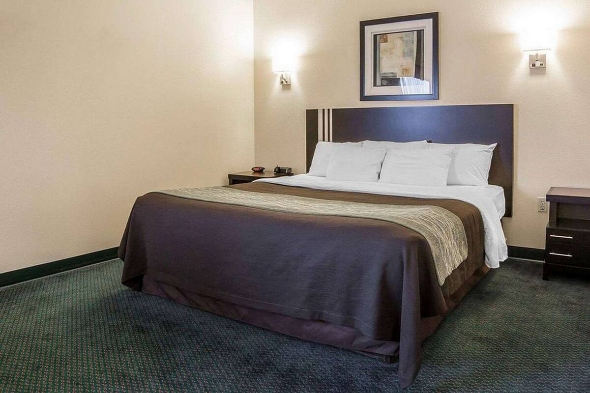 A hotel room with a large bed, a nightstand, a framed picture above the bed, and two wall-mounted lights.