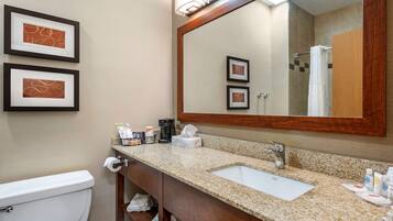 A hotel bathroom with a sink, toilet, framed artwork, and a large mirror.
