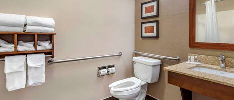 Ein modernes Badezimmer mit Toilette, Waschbecken und Handtuchhalter.