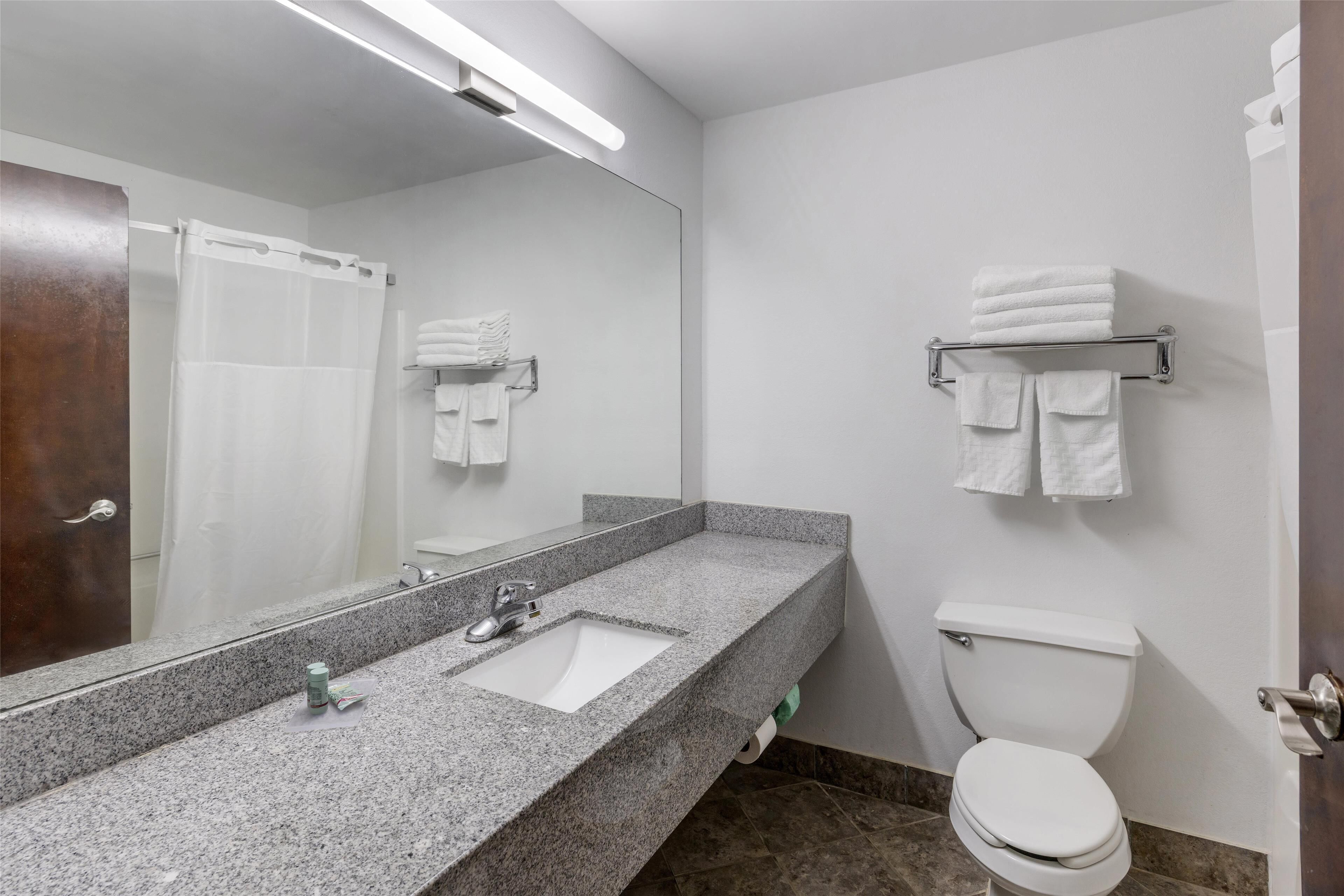 Un baño con lavamanos de granito, un espejo, un inodoro y un perchero para toallas.