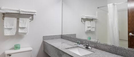 A bathroom with a white toilet, a granite countertop sink, and a large mirror.