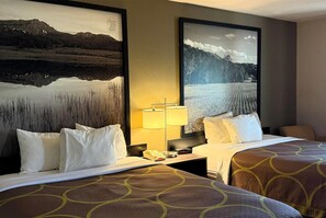 Habitación de hotel con dos camas, una mesita de noche con lámpara y dos grandes cuadros enmarcados con paisajes.